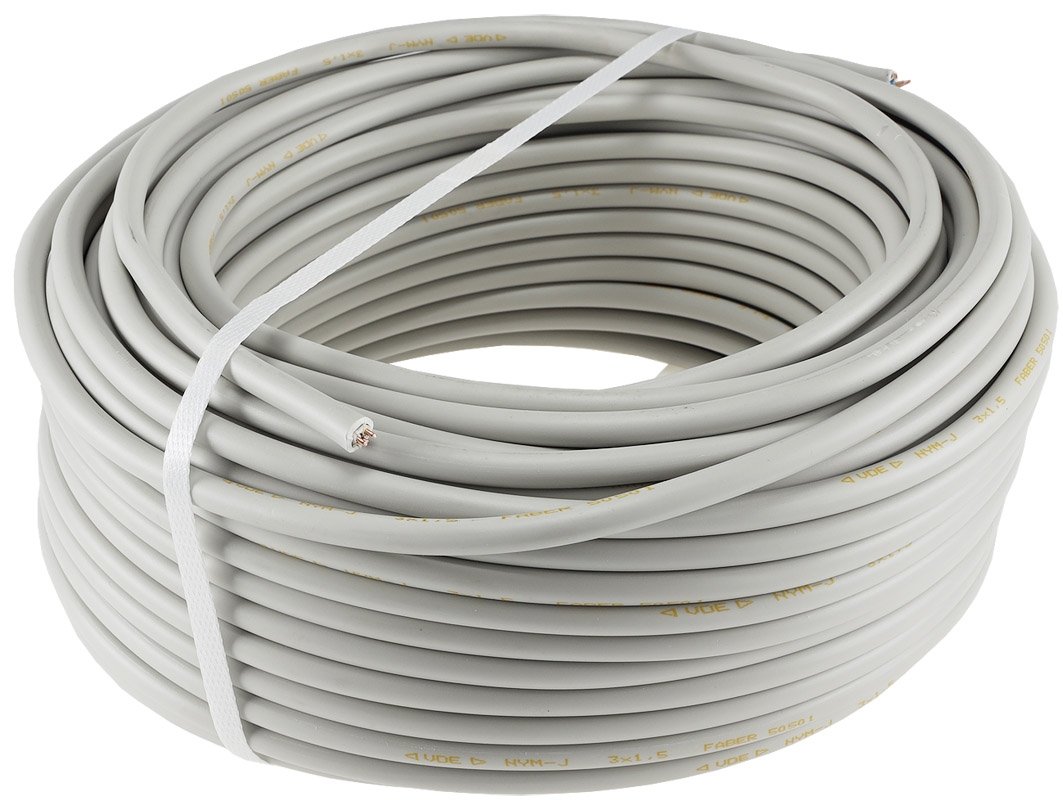 Stromkabel Stromleitung "NYM-J" 50m isoliert 5G1,5 Außen Ø9,5mm Ring Kabel grau 