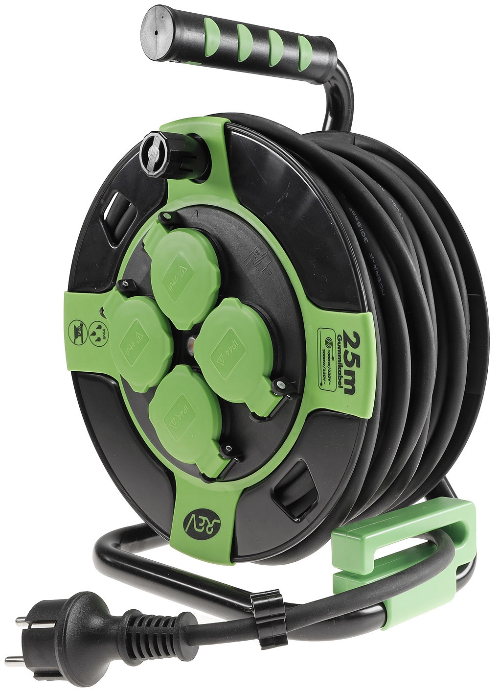 Kunststoff-Kabeltrommel, 25m Kabel, IP44 H05RR-F schwarze Gummileitung » - 3G1,5mm²